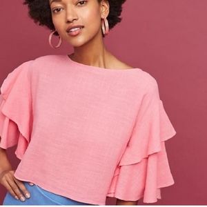 Lilka for Anthropologie Pink Cropped Ruffled Sleeved Top